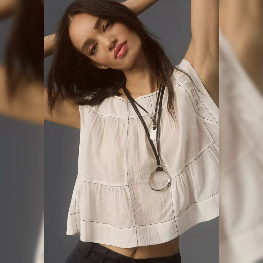 Anthropologie Cap-Sleeve Babydoll Blouse M 8 Sheer White Cotton Crop Top 44597